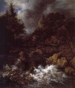 Jacob van Ruisdael Waterfall with a Half-timbered House and Castle painting